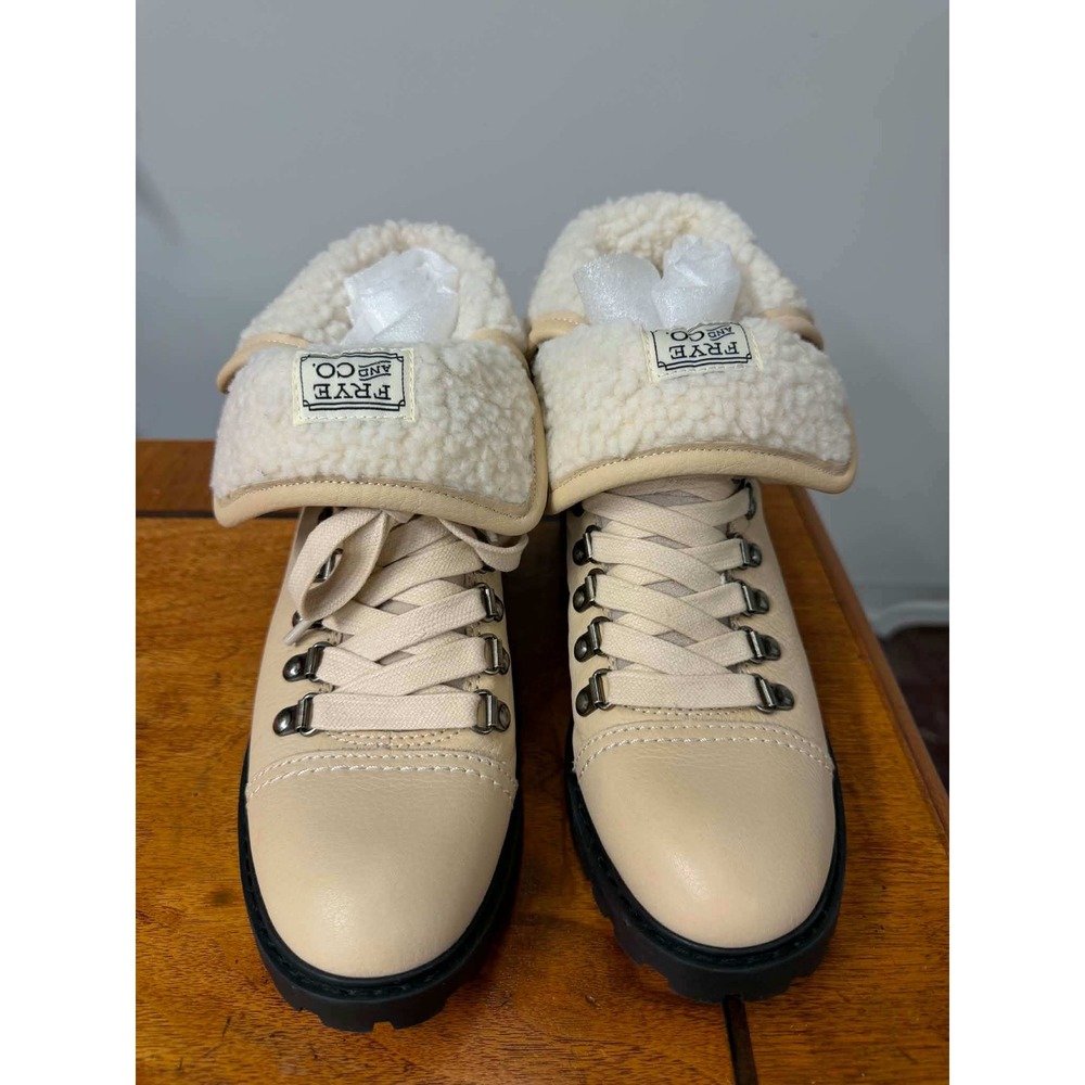 New New Frye and Co Women's 7.5 Lace Up Hiker Boots Beige Leather Faux Shearling